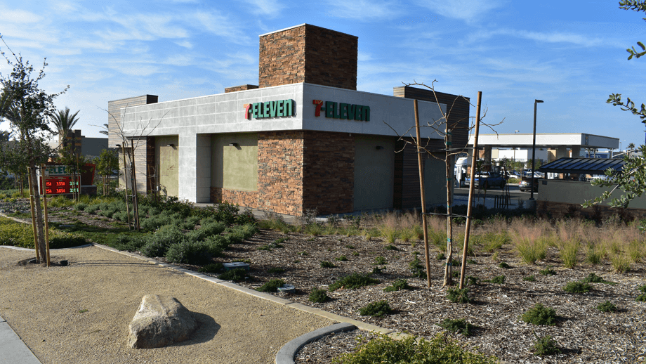 Outdoor image of 7-11 building with greenery in the foreground.