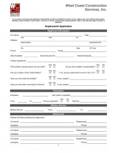 Document image of West Coast Construction employment application.