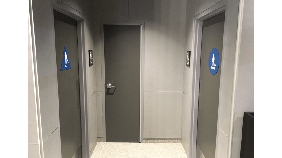 Indoor image of McDonalds showing bathroom doors.